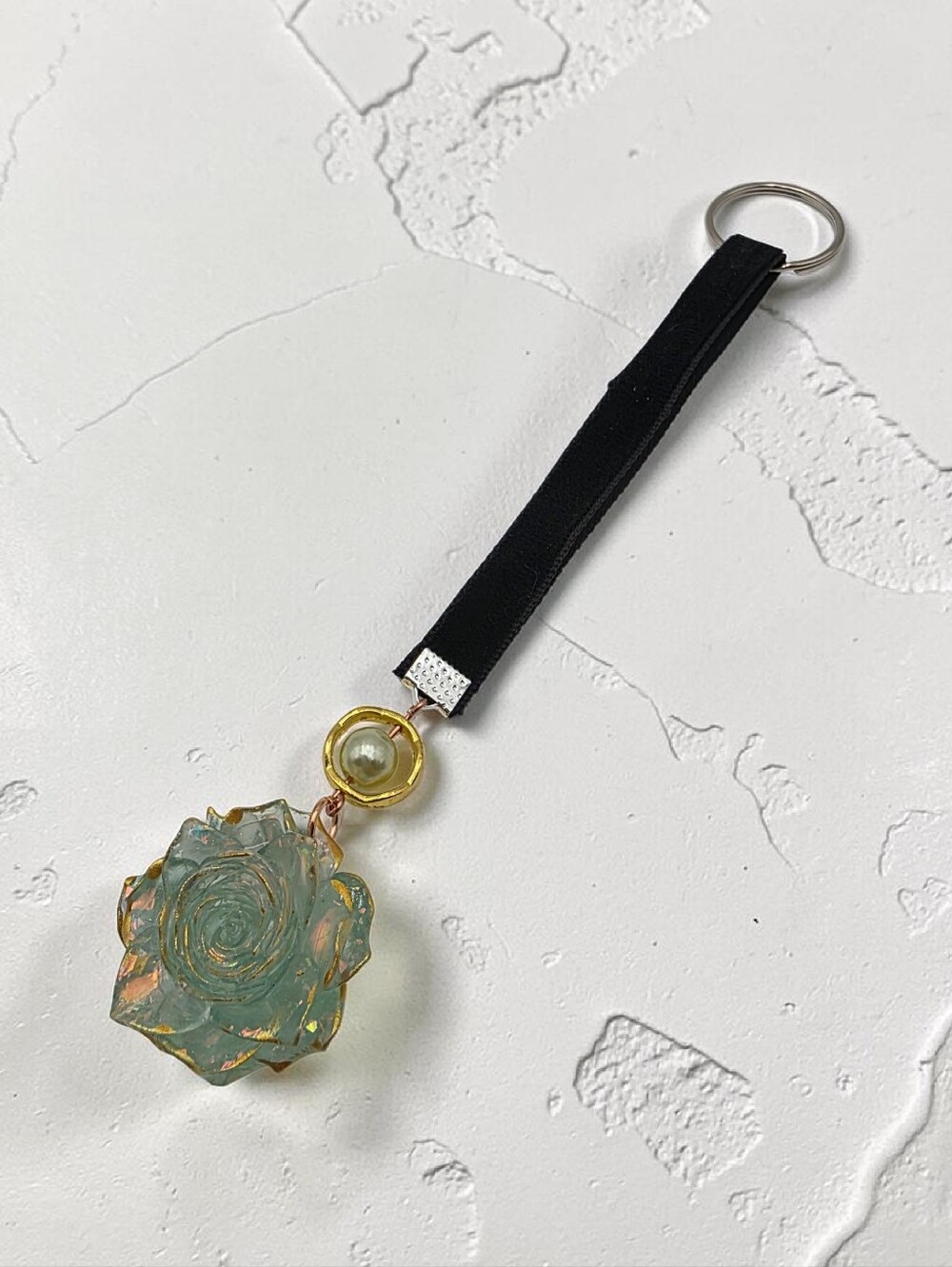 Black Strap Keychain with Green Iridescent Rose Charm Handmade Bag Accessory